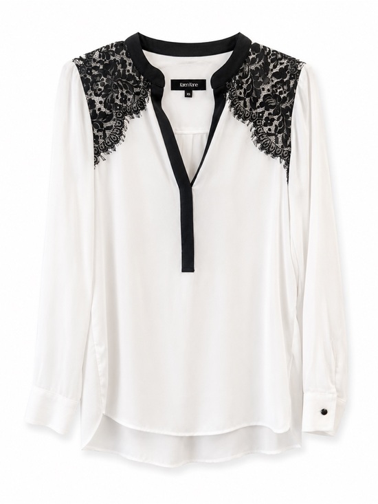 Karen Kane Tops - Karen Kane White Blouse Black Lace Yoke Trim Long Sleeve Career Top Size XS